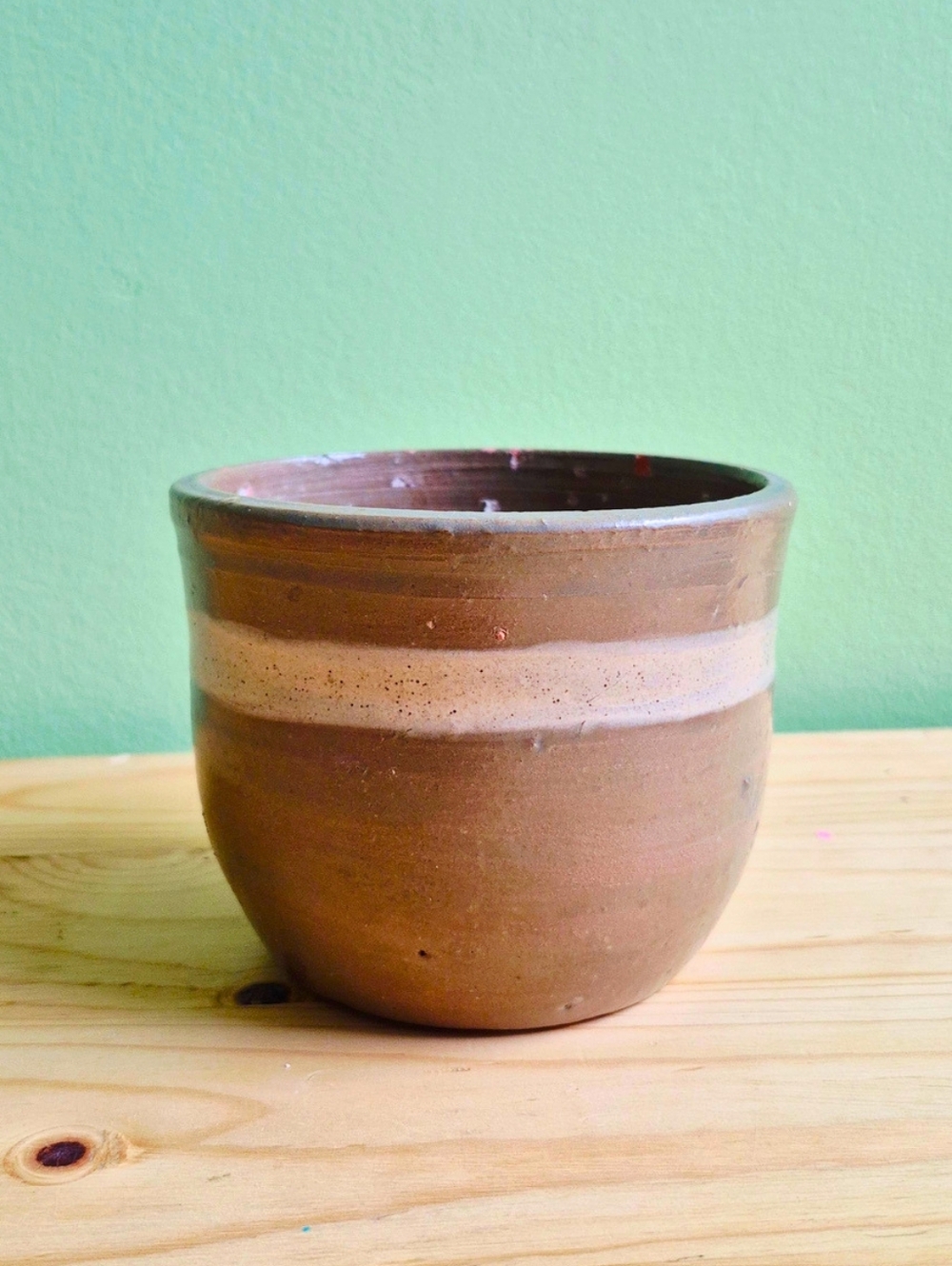 Handmade Brown Ceramic Planter Pot with Cream Band